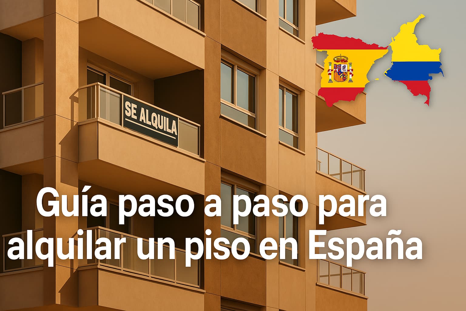 Fachada de edificio moderno en España con cartel de se alquila, texto informativo y mapas de España y Colombia