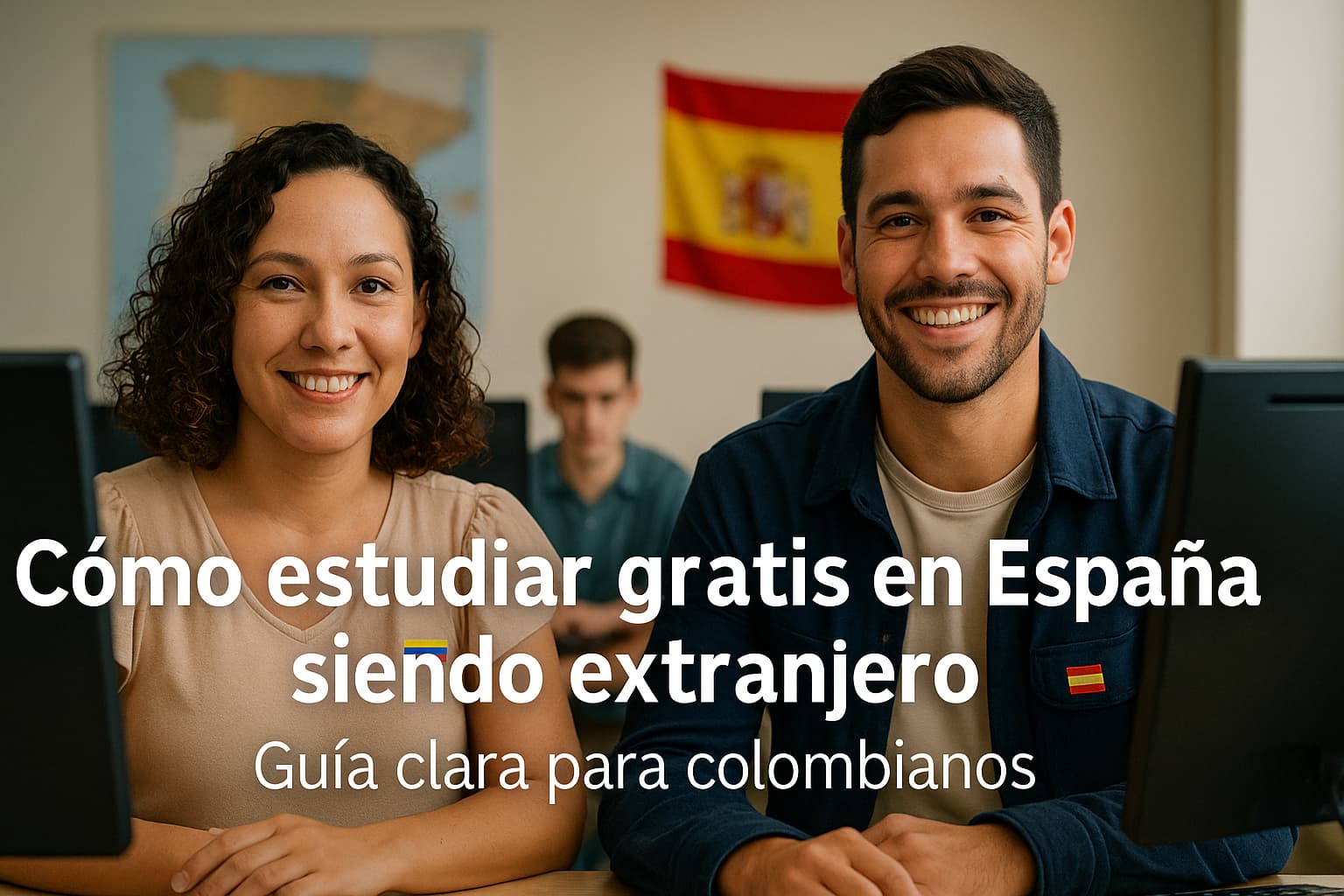 Personas colombianas sonrientes en un aula en España con símbolos de Colombia y España, representando cómo estudiar gratis en España siendo extranjero