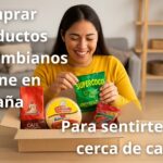 Mujer recibiendo paquete con productos colombianos online en España