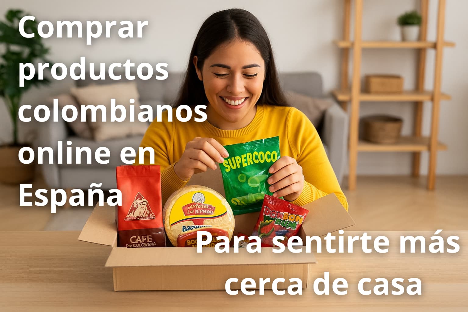 Mujer recibiendo paquete con productos colombianos online en España