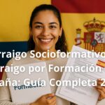 Colombiana feliz sosteniendo documentos de formación frente a las banderas de Colombia y España para el arraigo socioformativo