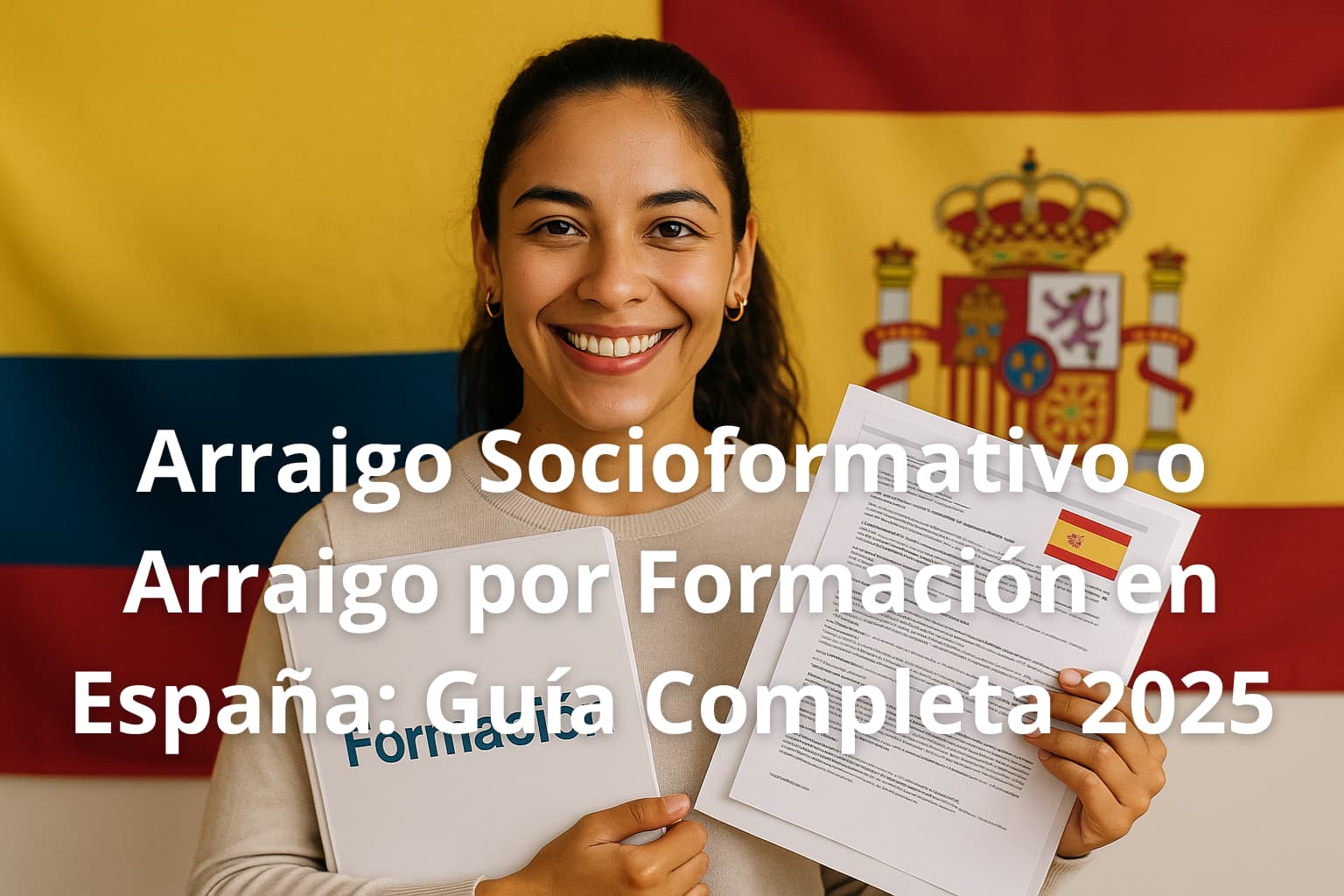 Colombiana feliz sosteniendo documentos de formación frente a las banderas de Colombia y España para el arraigo socioformativo