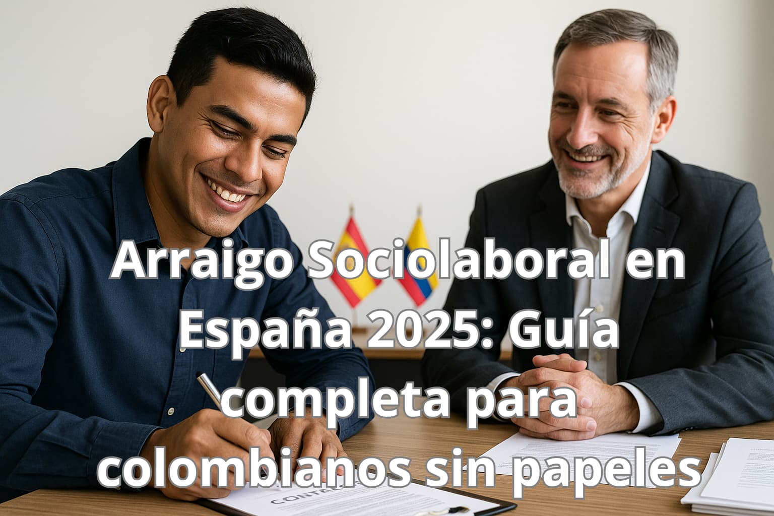 Arraigo sociolaboral en España 2025 – colombiano firmando contrato laboral