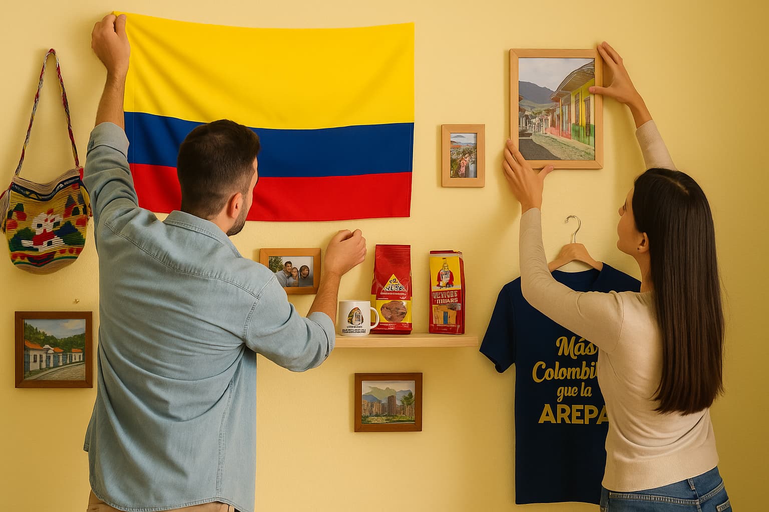 Pareja decorando una pared con objetos típicos colombianos como bandera, cuadros, café y camiseta tradicional