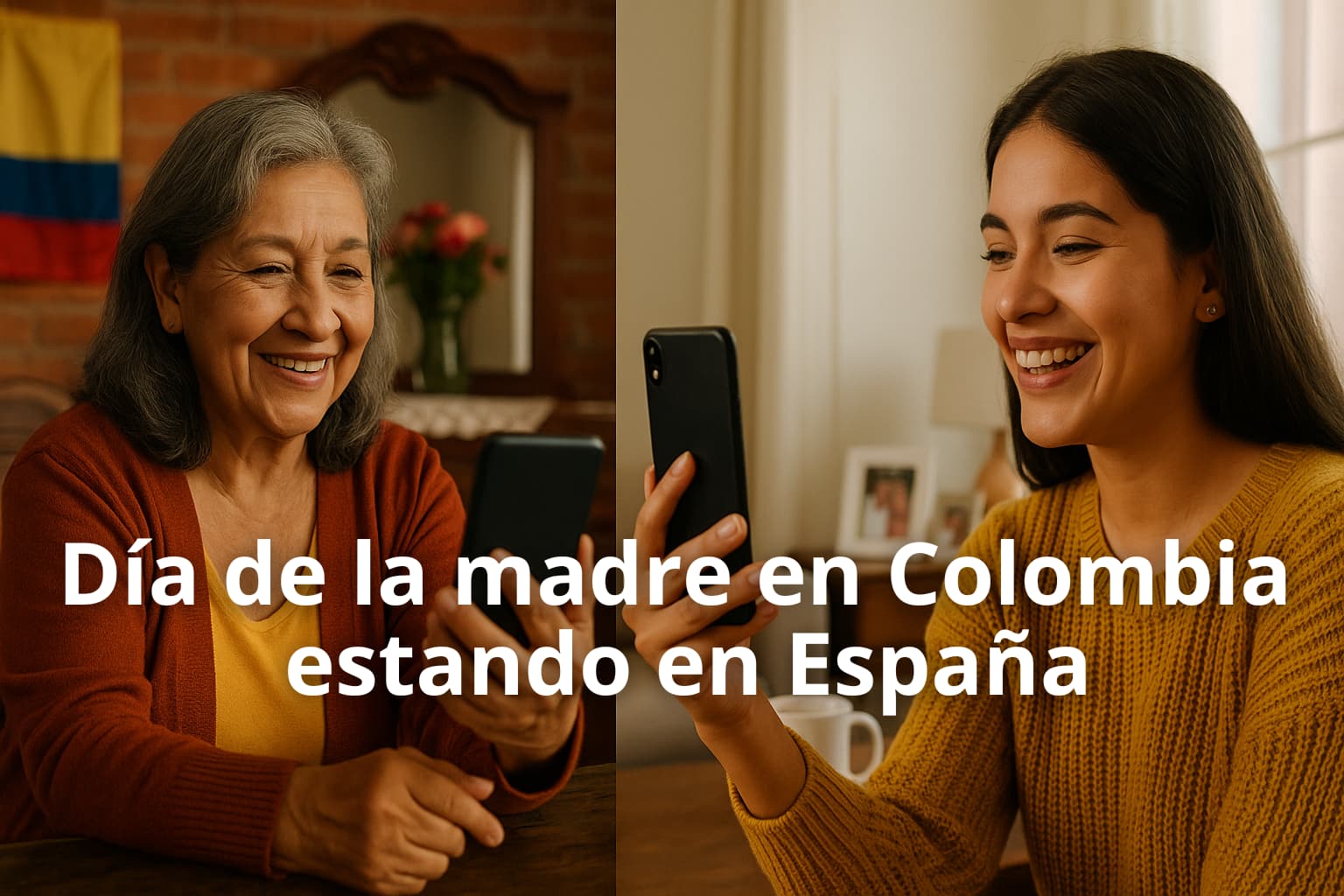 Día de la madre en Colombia, estando en España – madre e hija conectadas por videollamada desde sus hogares.
