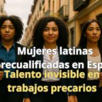Tres mujeres latinas sobrecualificadas en España caminando por una calle con expresión decidida.