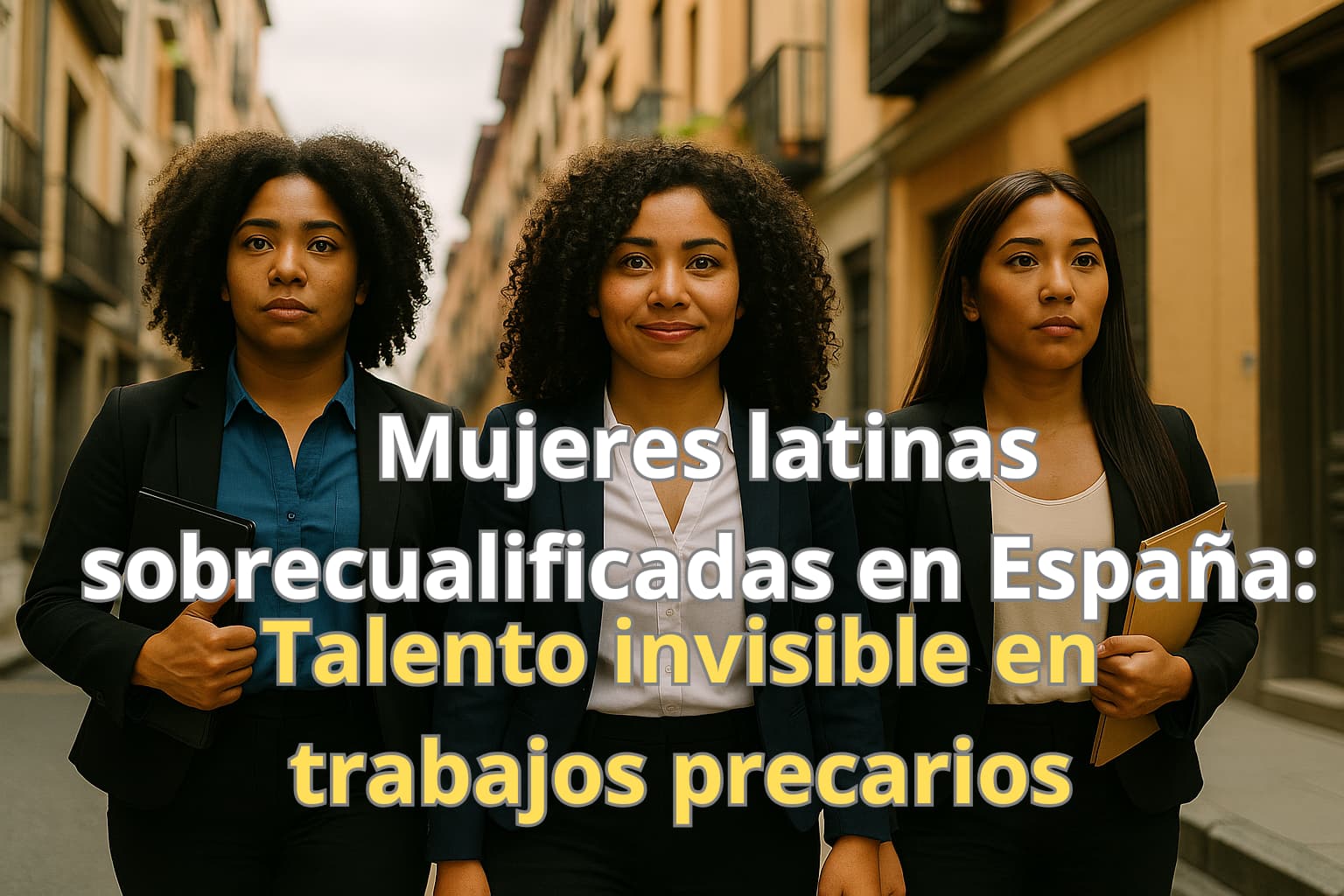 Tres mujeres latinas sobrecualificadas en España caminando por una calle con expresión decidida.