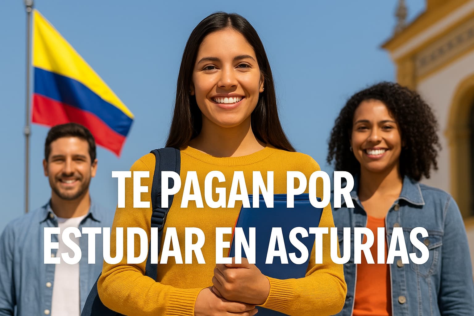 Te pagan por estudiar en Asturias – jóvenes latinoamericanos sonrientes frente a bandera de Colombia