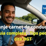 Canje carnet de conducir – hombre latino mostrando su licencia española en carretera