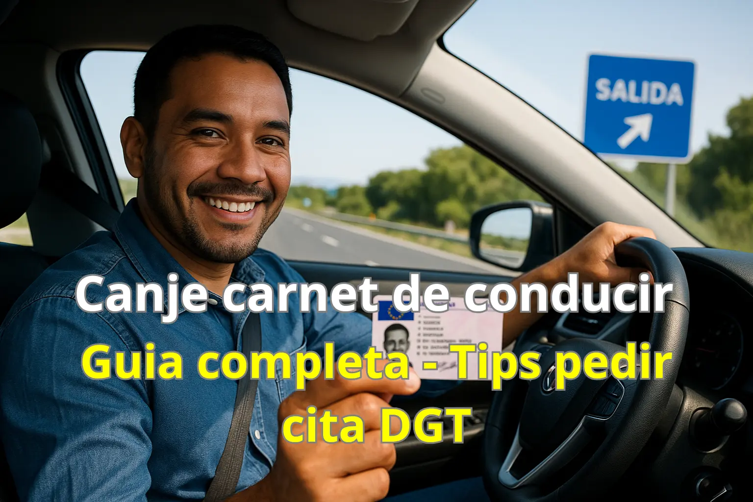 Canje carnet de conducir – hombre latino mostrando su licencia española en carretera