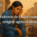 Mujer latinoamericana con expresión de agotamiento emocional sentada sola en una ciudad española. Tema: Síndrome de Ulises.