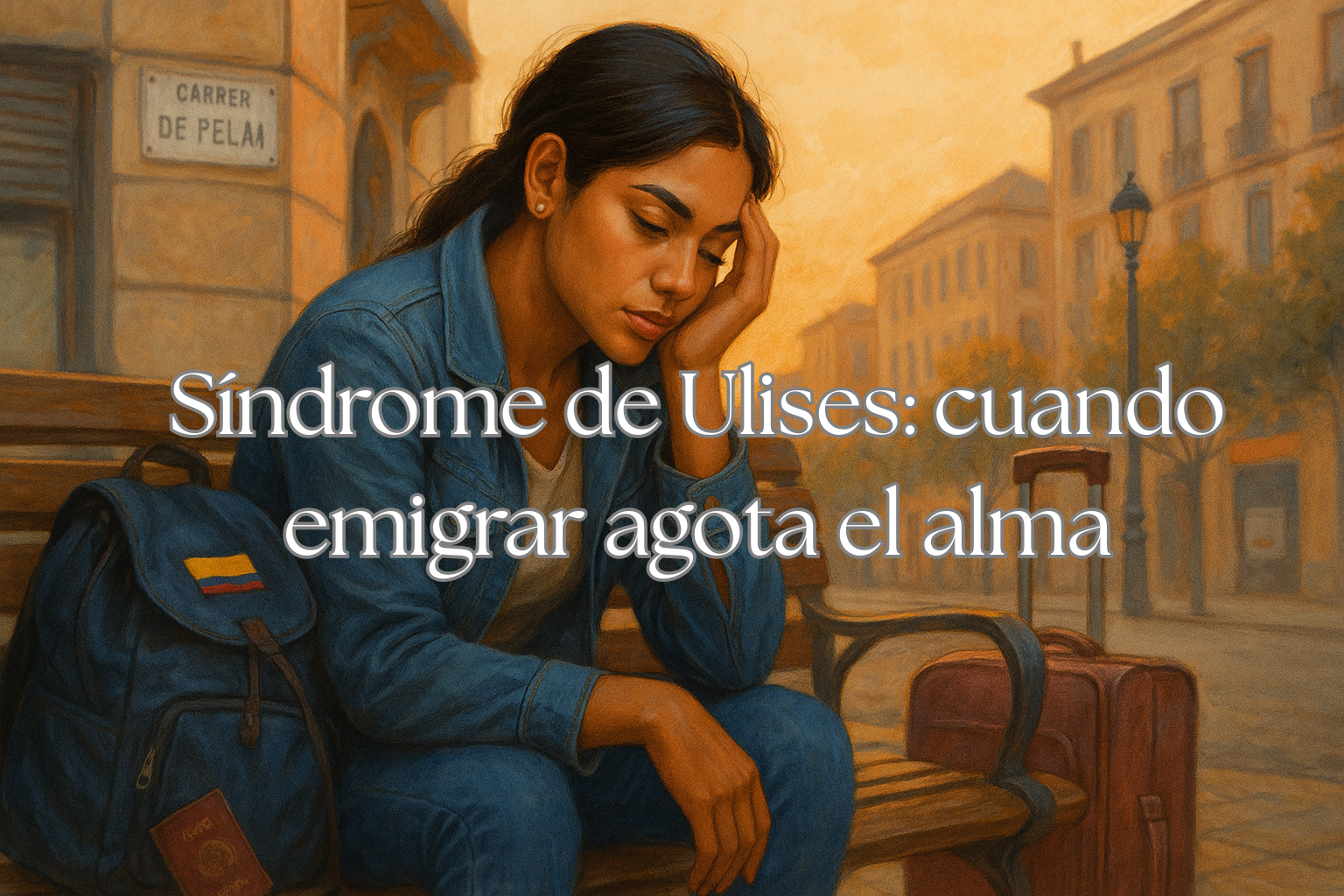 Mujer latinoamericana con expresión de agotamiento emocional sentada sola en una ciudad española. Tema: Síndrome de Ulises.