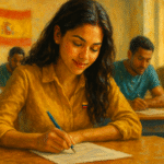 Examen de la nacionalidad CCSE en España – Guía 2025 para colombianos y latinos Colombiana presentando el examen de la nacionalidad CCSE en un aula en España