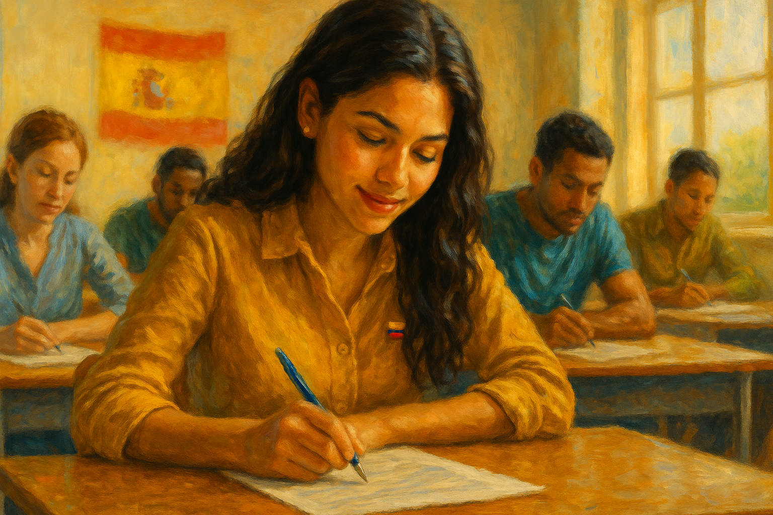 Colombiana presentando el examen de la nacionalidad CCSE en un aula en España