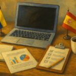 Recursos Gratuitos para Colombianos en España 🇨🇴🇪🇸 Pintura al óleo de un escritorio organizado con portátil, papeles con gráficos, checklist, taza de café y banderas de Colombia y España.