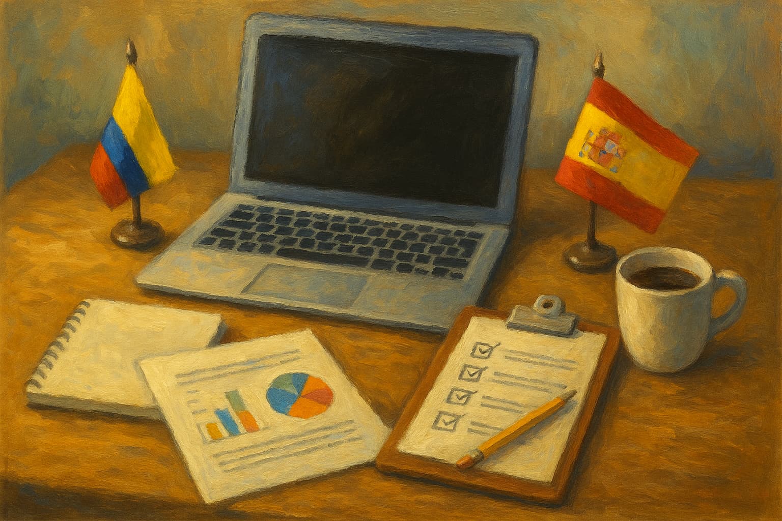 Pintura al óleo de un escritorio organizado con portátil, papeles con gráficos, checklist, taza de café y banderas de Colombia y España.