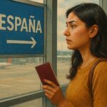 🇪🇸 Emigrar a España en 2025: Requisitos, Costos y Lo que Nadie Te Cuenta mujer latina sosteniendo un pasaporte en el aeropuerto mirando un cartel que dice España